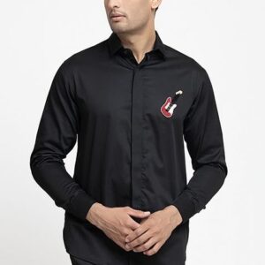 Black Guitar Embroidered Giza Cotton Shirt For Men