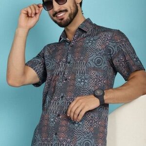 Grey Printed Cotton Blend Shirt For Men