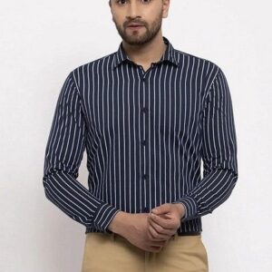 Navy Blue Printed Cotton Shirt For Men