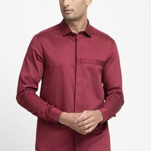 Red Pintuck Embroidered Giza Cotton Shirt For Men