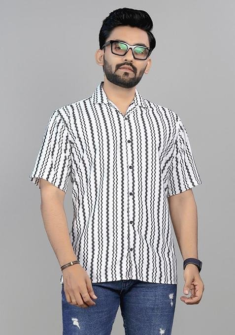 White And Black Embroidered Pure Knit Circular Shirt For Men