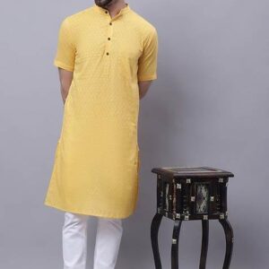 Yellow Hand Embroidered Cotton Kurta For Men
