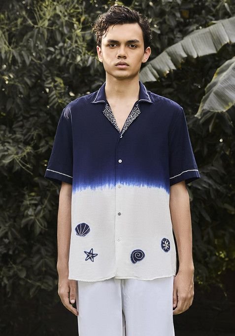 Blue And Ivory Embroidered Ben Shirt For Men