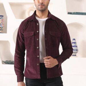 Wine Corduroy Overshirt With Patch Pocket For Men