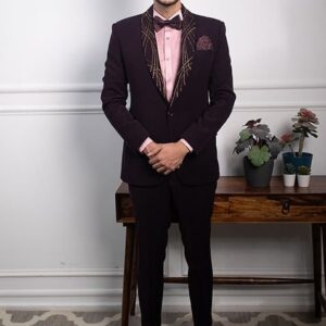 Berry Wine Embroidered Tuxedo Set For Men