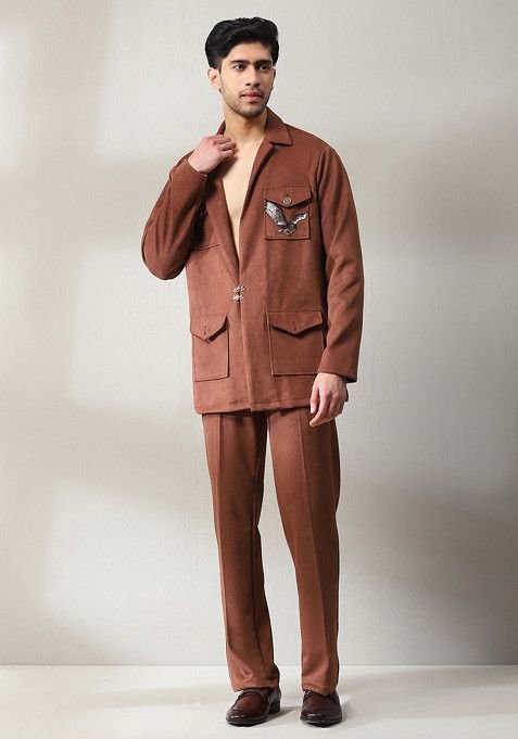 Rust Velvet Blazer Set For Men