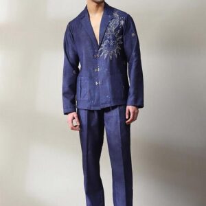 Violet Embroidered Suede Velvet Blazer Set For Men