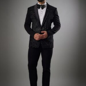 Jet Black Hand Embroidered Tuxedo Set For Men