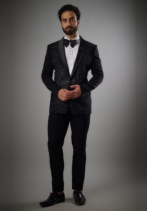 Jet Black Hand Embroidered Tuxedo Set For Men