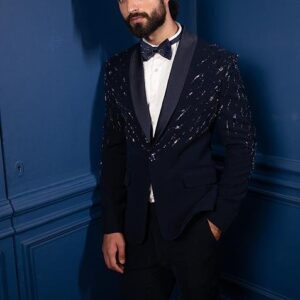 Blue Embellished Techno Tuxedo Set For Men