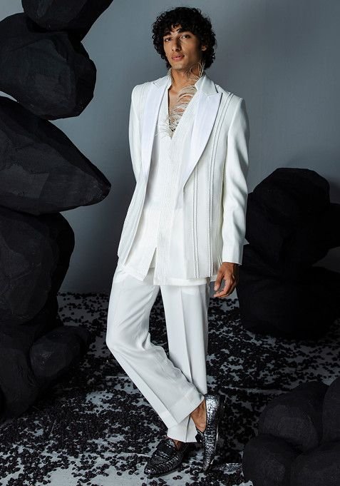 Ivory Embroidered Jacket Set For Men