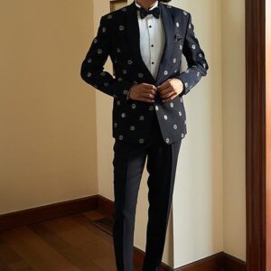 Deep Blue Embroidered Monogram Tuxedo Set For Men