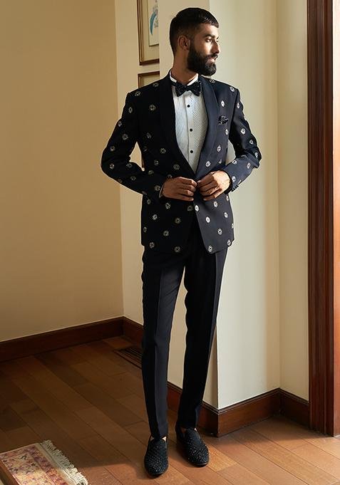 Deep Blue Embroidered Monogram Tuxedo Set For Men