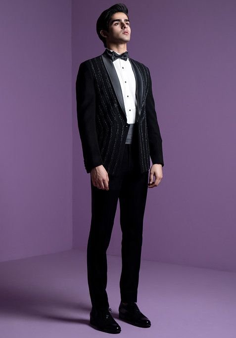 Black Hand Embroidered Lunar Braid Tuxedo Set For Men