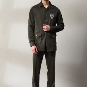 Dark Olive Green Velvet Blazer Set For Men