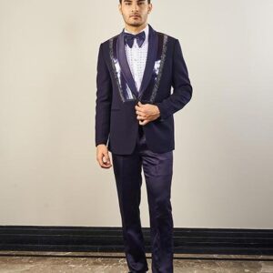 Navy Blue Embroidered Italian Cationic Tuxedo For Men