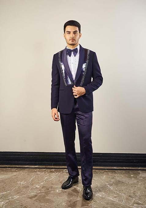 Navy Blue Embroidered Italian Cationic Tuxedo For Men