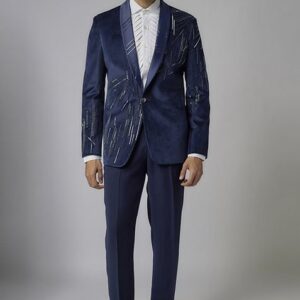 Royal Blue Crystal Embroidered Velvet Tuxedo Set For Men