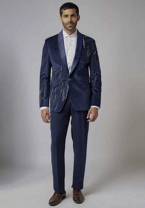 Royal Blue Crystal Embroidered Velvet Tuxedo Set For Men