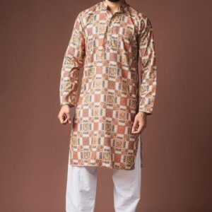 Multi Color Printed Linen Kurta For Men