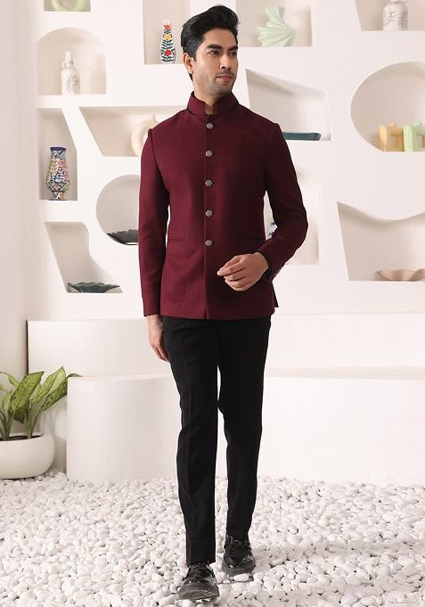 Wine Bandhgala Blazer Set For Men