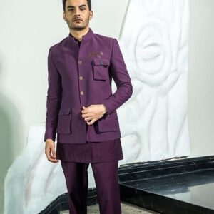 Purple Embellished Corduroy Suit For Men