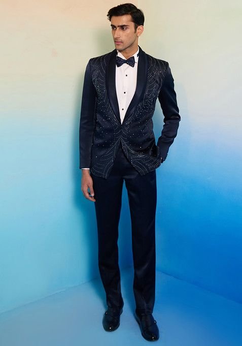 Blue Embellished Elara Tuxedo Set For Men