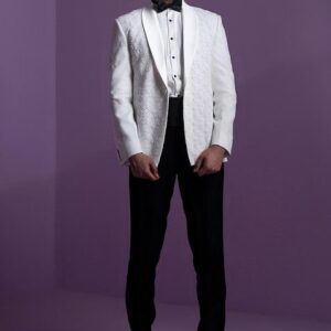 White Hand Embroidered Spotlight Tuxedo Set For Men