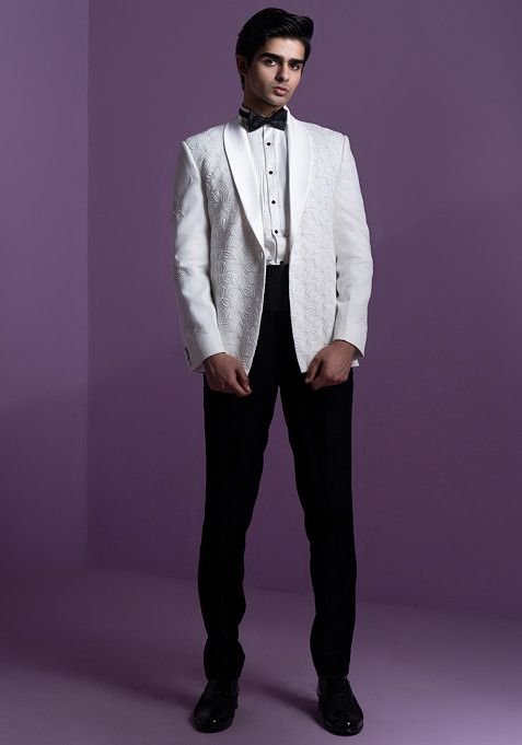 White Hand Embroidered Spotlight Tuxedo Set For Men