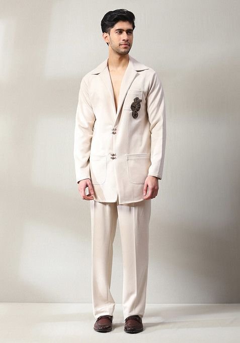 Ivory Embroidered Suede Velvet Blazer Set For Men