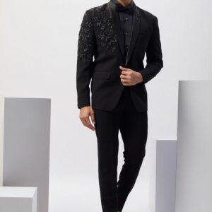 Black Hand Embroidered Rayon Tuxedo For Men