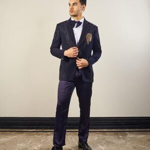 Blue Embroidered Silk Velvet Tuxedo For Men