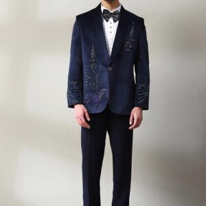 Blue Embroidered Velvet Tuxedo For Men