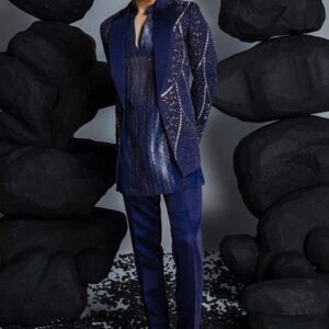 Navy Blue Embellished Jacket Set For Men