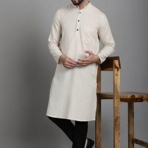White Solid Linen Kurta For Men