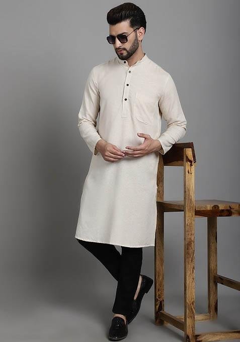 White Solid Linen Kurta For Men