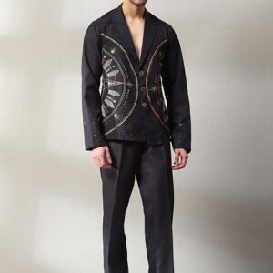 Black Embroidered Handloom Blazer Set For Men