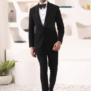 Black Cutdana Embroidered Tuxedo For Men