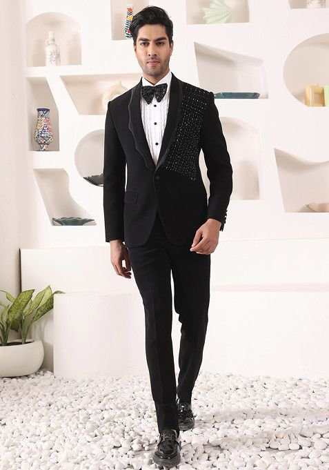 Black Cutdana Embroidered Tuxedo For Men