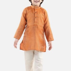 Orange Jacquard Kurta With Pants (Set of 2)
