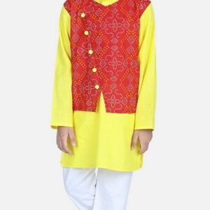 Red Printed Jacket With Kurta And Pyjama (Set of 3)