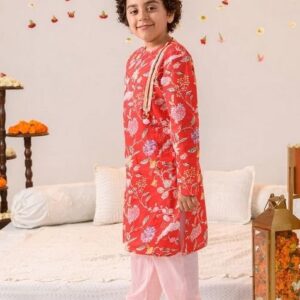 Red Printed Cotton Kurta With Pants (Set of 2)