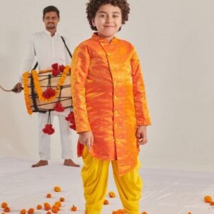 Orange Foil Print Kurta With Dhoti Pants (Set of 2)