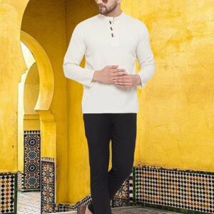 Cream Solid Cotton Kurta For Men