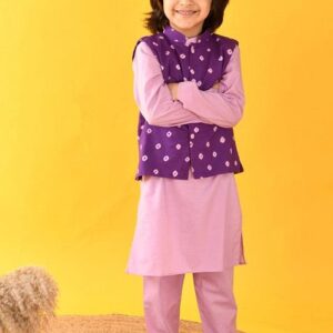 Lavender Dye Bandhani Print Nehru Jacket With Kurta And Pajama (Set of 3)