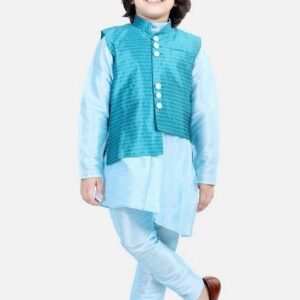 Blue Jacquard Jacket With Kurta And Pyjama (Set of 3)