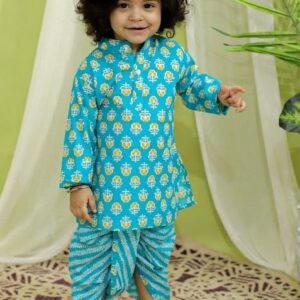 Blue Floral Printed Cotton Kurta With Dhoti Pants (Set of 2)