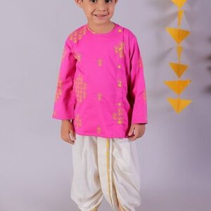 Pink And White Embroidered Kurta With Dhoti Pants (Set of 2)
