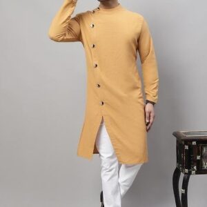 Mustard Yellow Solid Cotton Kurta For Men