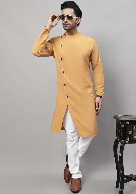 Mustard Yellow Solid Cotton Kurta For Men